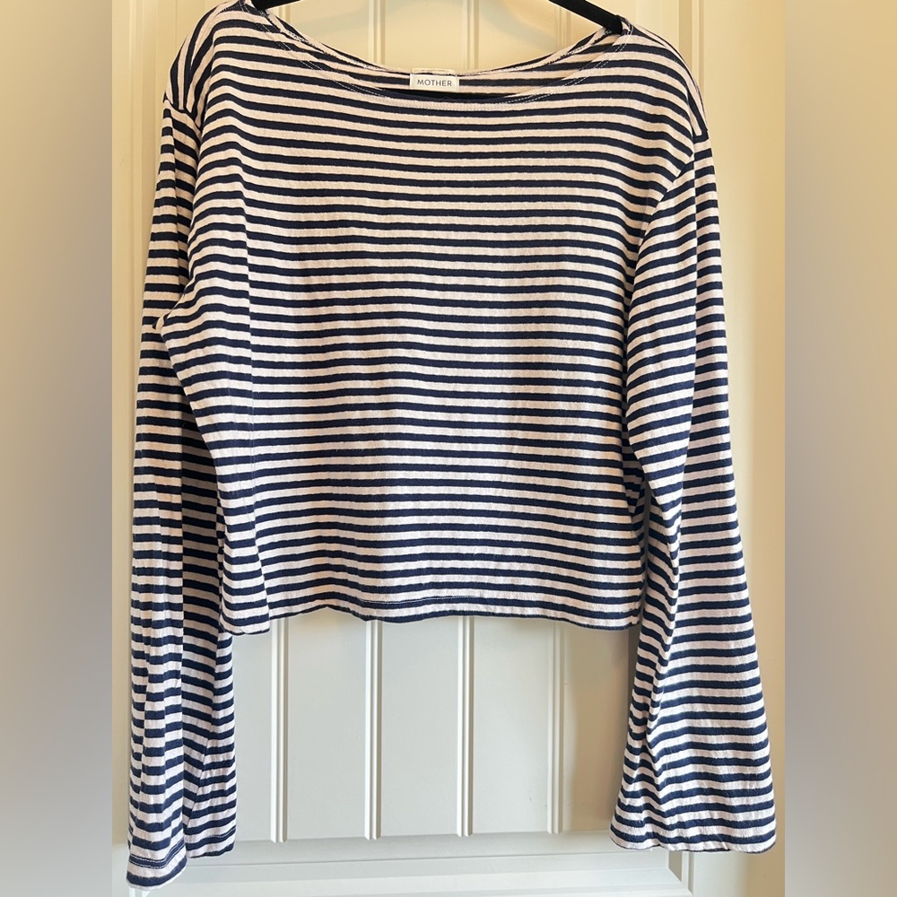 MOTHER Navy Breton Stripe Cropped Long Sleeve Tee